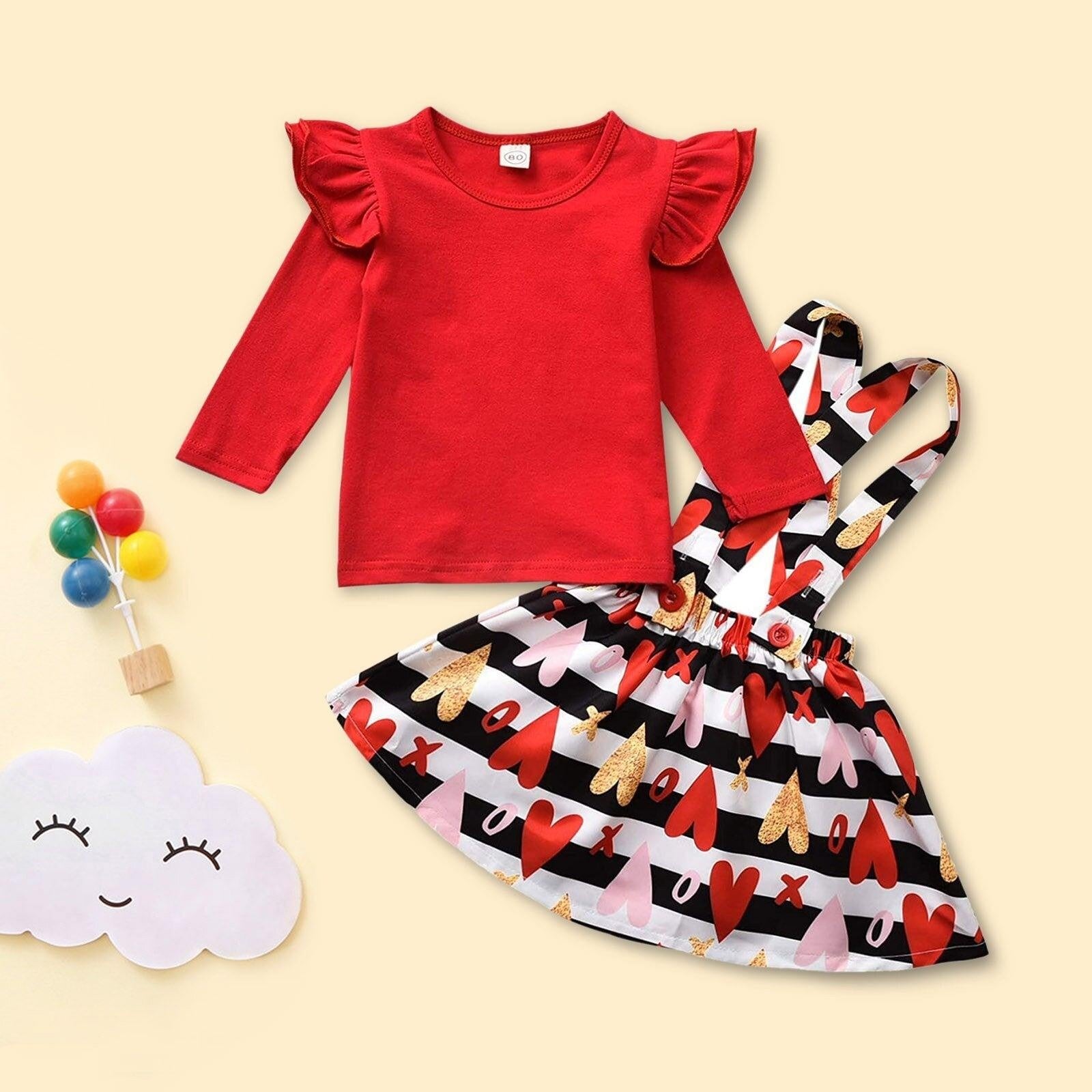 Baby Girls Long Sleeve Valentine Heart Print Tops+Suspender 2Pcs - MomyMall