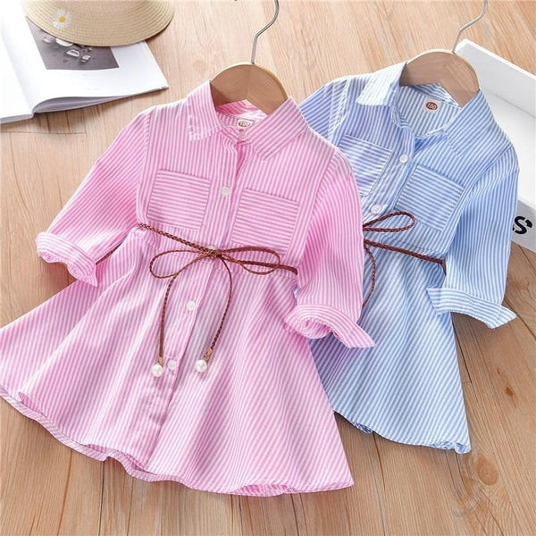 Baby Girls Stripe Long Sleeve Party Belt Fall Winter Casual Dress for 2-6Y - MomyMall