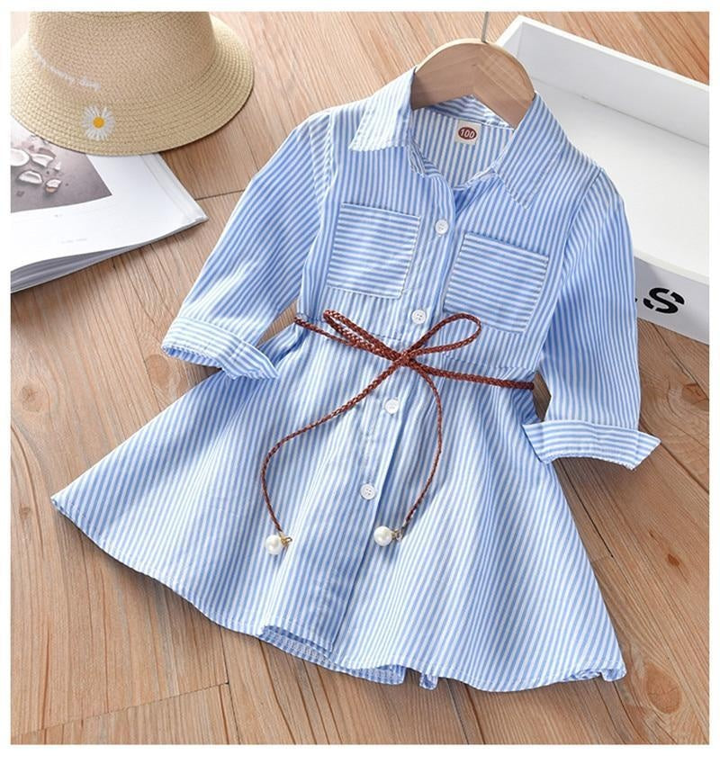 Baby Girls Stripe Long Sleeve Party Belt Fall Winter Casual Dress for 2-6Y - MomyMall