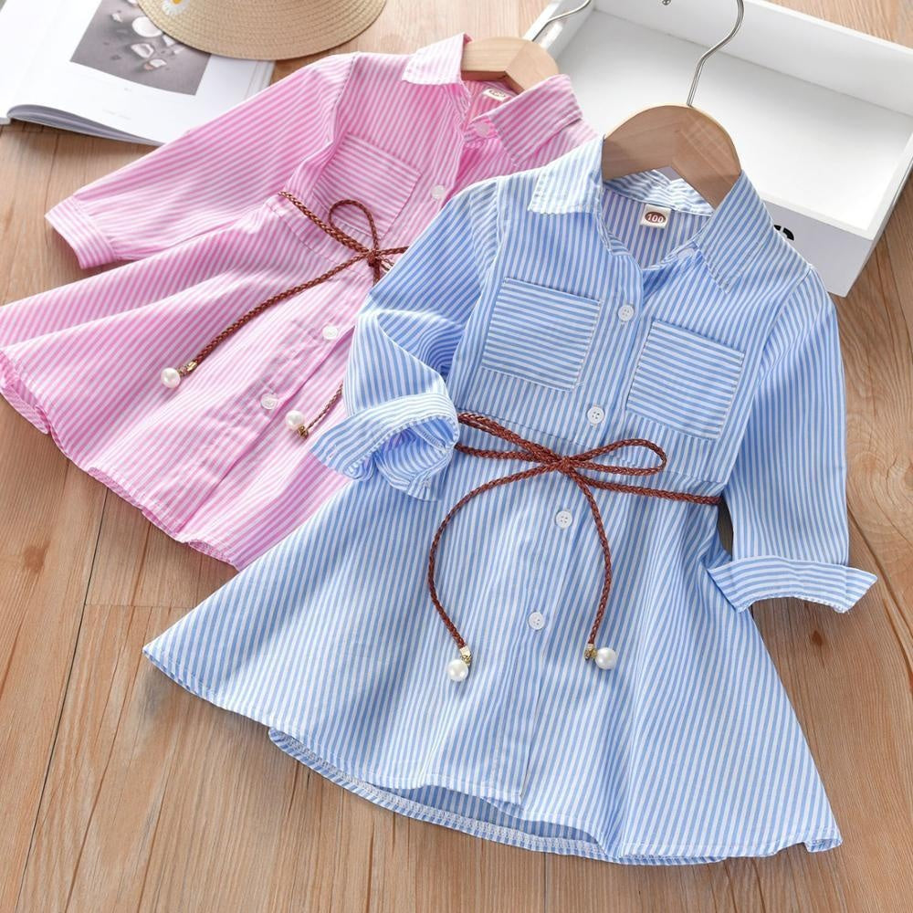 Baby Girls Stripe Long Sleeve Party Belt Fall Winter Casual Dress for 2-6Y - MomyMall