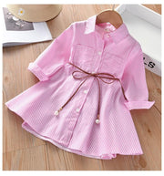 Baby Girls Stripe Long Sleeve Party Belt Fall Winter Casual Dress for 2-6Y - MomyMall pink / 1-2 Years