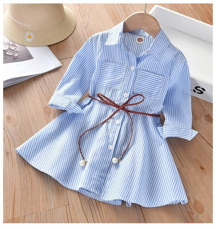 Baby Girls Stripe Long Sleeve Party Belt Fall Winter Casual Dress for 2-6Y - MomyMall blue / 1-2 Years