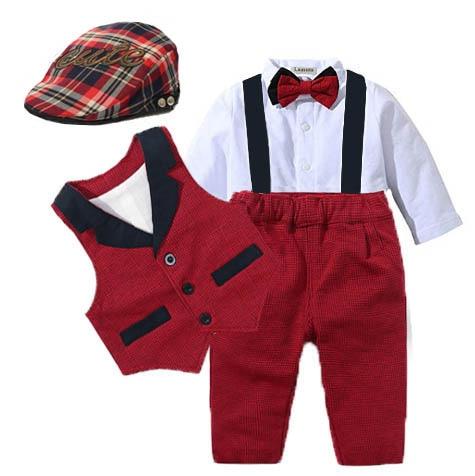 Baby Boys Suits Vest Hat Formal Outfit Party Formal Set 3 Pcs - MomyMall Red1 / 3-6 Months