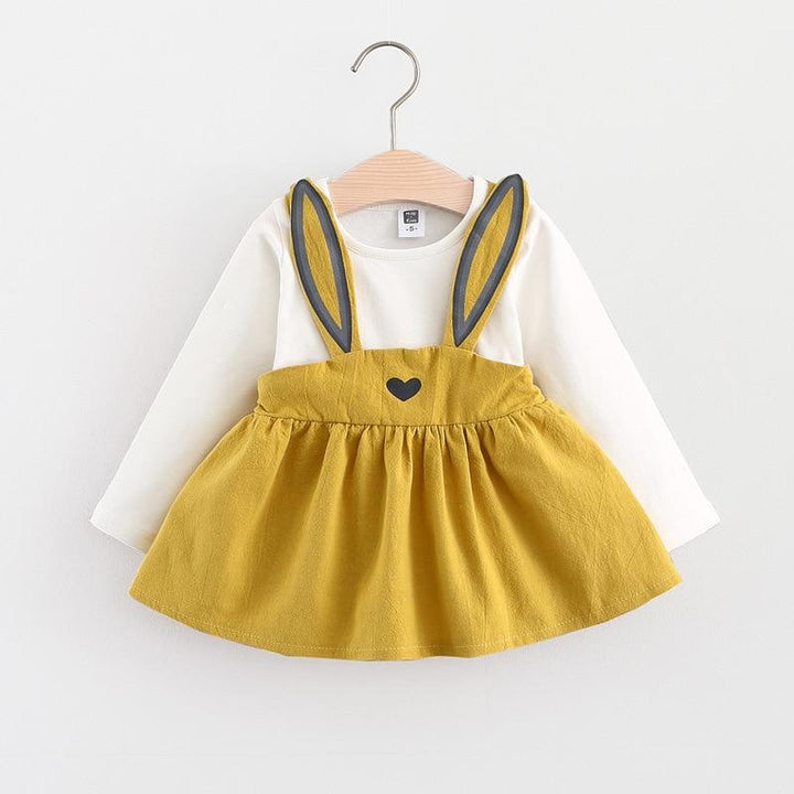 Baby Girl Dress Autumn Cotton Long Sleeve Lovely Stitching Rabbit Ears Dresses - MomyMall Yellow / 0-3 Months