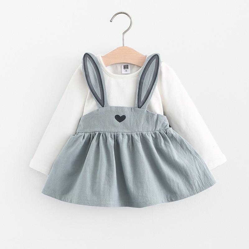 Baby Girl Dress Autumn Cotton Long Sleeve Lovely Stitching Rabbit Ears Dresses - MomyMall Grey / 0-3 Months