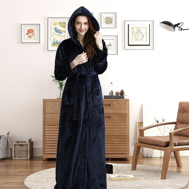 Hood Plus Size Flannel robe Hooded extra Long Warm Bathrobe - MomyMall BLUE / M
