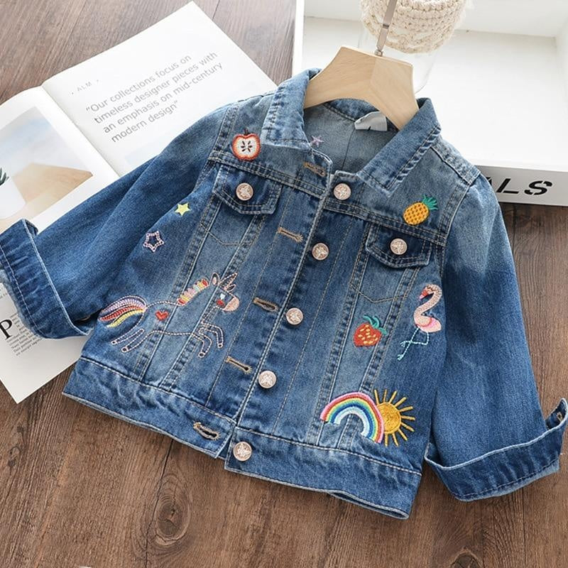 Kids Girls Denim Coats Cartoon Embroidery Jacket Autumn Spring Coat 3-8 Y