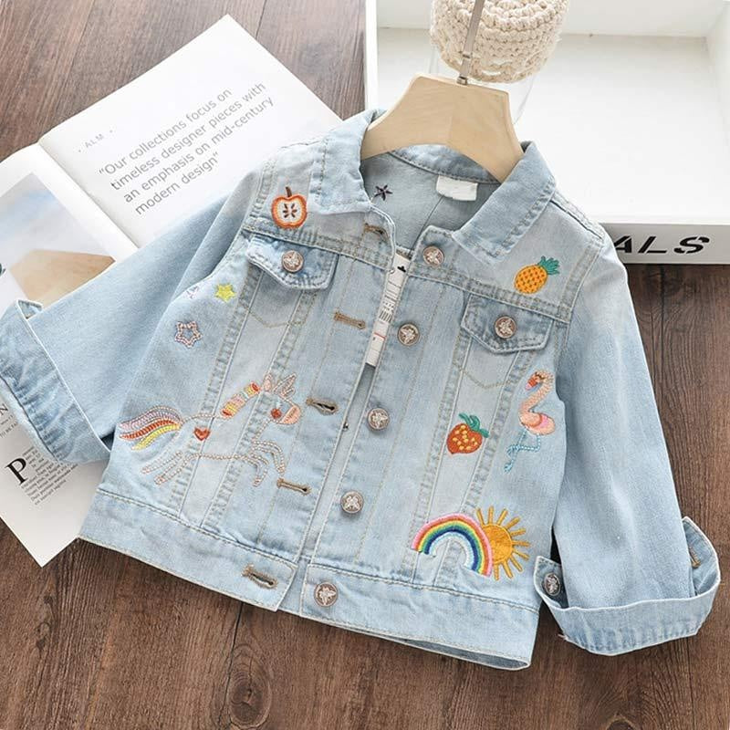 Kids Girls Denim Coats Cartoon Embroidery Jacket Autumn Spring Coat 3-8 Y