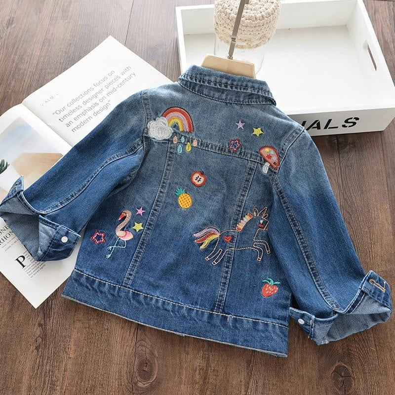 Kids Girls Denim Coats Cartoon Embroidery Jacket Autumn Spring Coat 3-8 Y