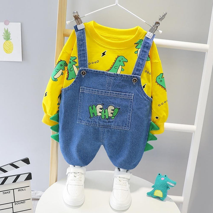 Boys Clothes Sets Dinosaur Printed Top + Denim Overalls 2Pcs Suits for 1-4 Years - MomyMall
