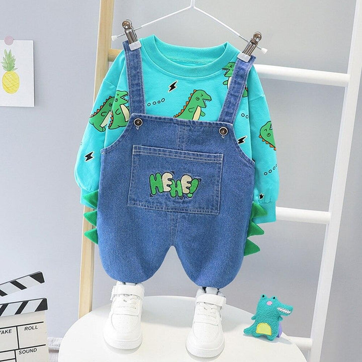 Boys Clothes Sets Dinosaur Printed Top + Denim Overalls 2Pcs Suits for 1-4 Years - MomyMall Blue / 6-9 Months