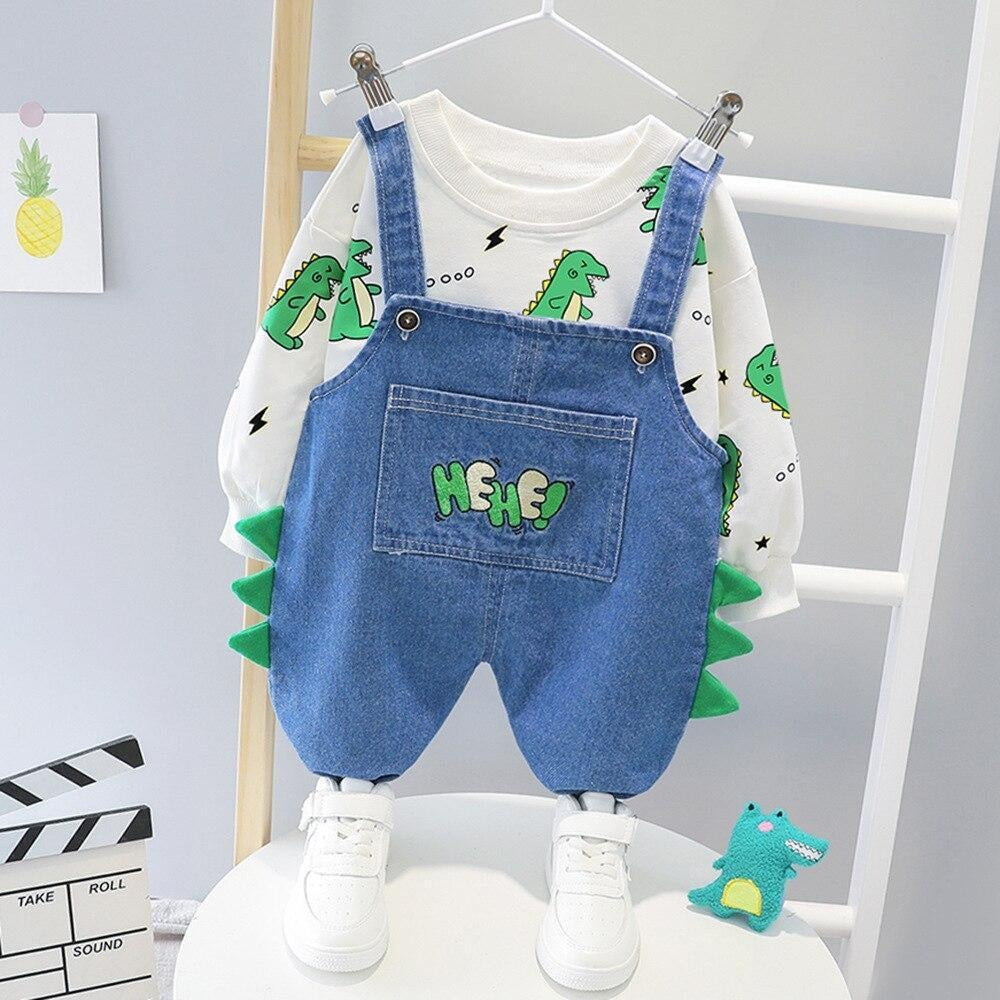 Boys Clothes Sets Dinosaur Printed Top + Denim Overalls 2Pcs Suits for 1-4 Years - MomyMall