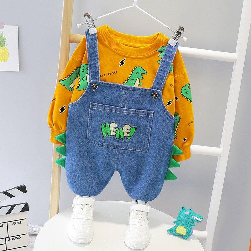 Boys Clothes Sets Dinosaur Printed Top + Denim Overalls 2Pcs Suits for 1-4 Years - MomyMall