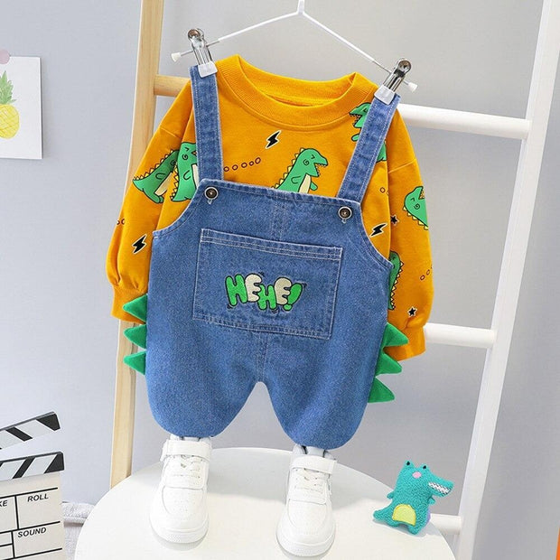 Boys Clothes Sets Dinosaur Printed Top + Denim Overalls 2Pcs Suits for 1-4 Years - MomyMall Orange / 6-9 Months