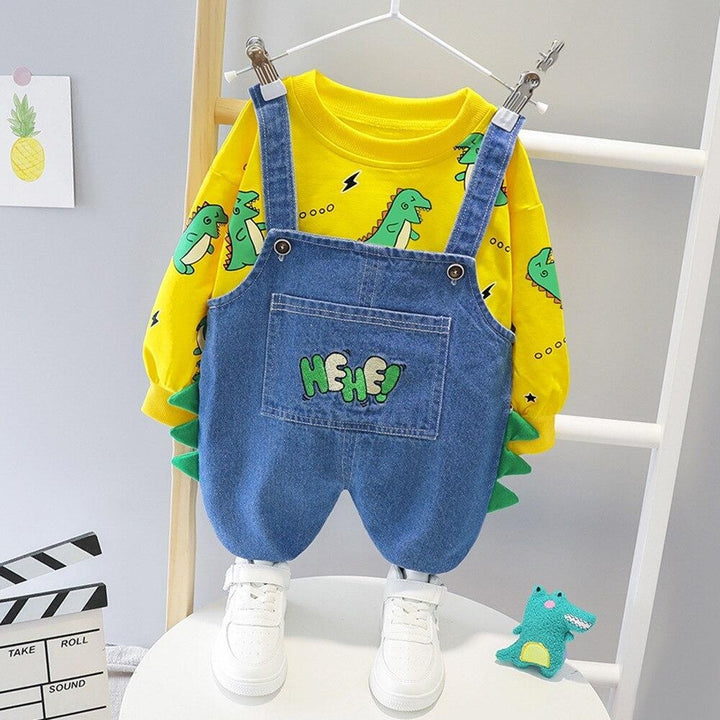 Boys Clothes Sets Dinosaur Printed Top + Denim Overalls 2Pcs Suits for 1-4 Years - MomyMall Yellow / 6-9 Months