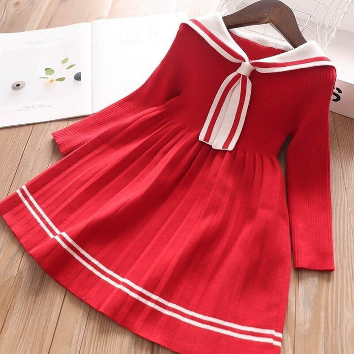 Girls Dress Cartoon Rabbit Sailor Collar New Knitted Preppy Dress 2-10 Years - MomyMall Red / 2-3 years