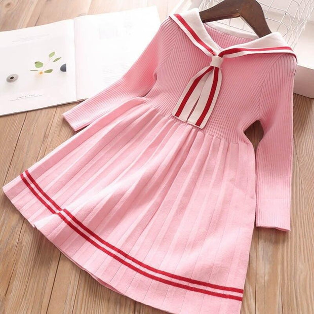 Girls Dress Cartoon Rabbit Sailor Collar New Knitted Preppy Dress 2-10 Years - MomyMall Pink / 2-3 years