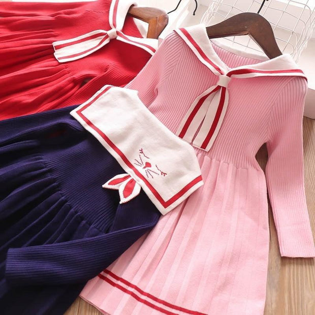 Girls Dress Cartoon Rabbit Sailor Collar New Knitted Preppy Dress 2-10 Years - MomyMall