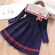 Girls Dress Cartoon Rabbit Sailor Collar New Knitted Preppy Dress 2-10 Years - MomyMall