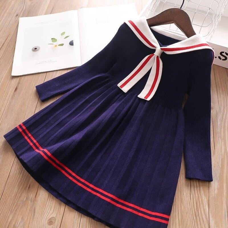 Girls Dress Cartoon Rabbit Sailor Collar New Knitted Preppy Dress 2-10 Years - MomyMall dark blue / 2-3 years