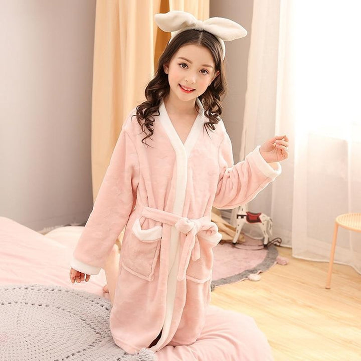 Child Bathrobe Kids Flannel Bathing Robe Sleepwear Fleece Pajamas - MomyMall light pink / 3-4 Years