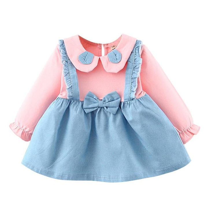 Baby Girl Outfit Bowknot Stitching Suspenders Sweet Dress 2 Pcs 1-4Y - MomyMall Pink / 6-12 Months