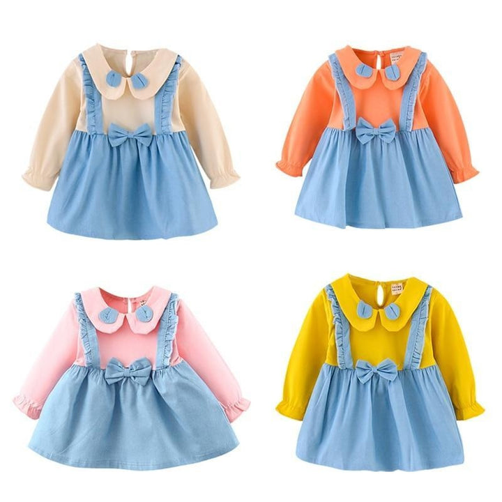 Baby Girl Outfit Bowknot Stitching Suspenders Sweet Dress 2 Pcs 1-4Y - MomyMall