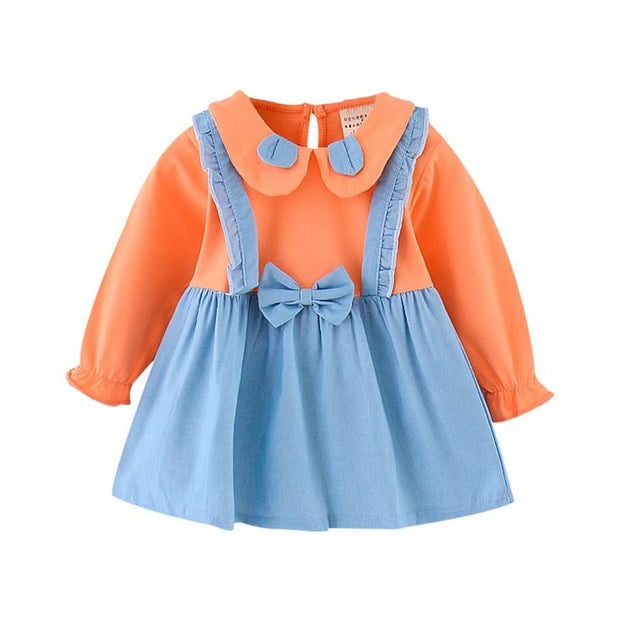 Baby Girl Outfit Bowknot Stitching Suspenders Sweet Dress 2 Pcs 1-4Y - MomyMall Orange / 6-12 Months