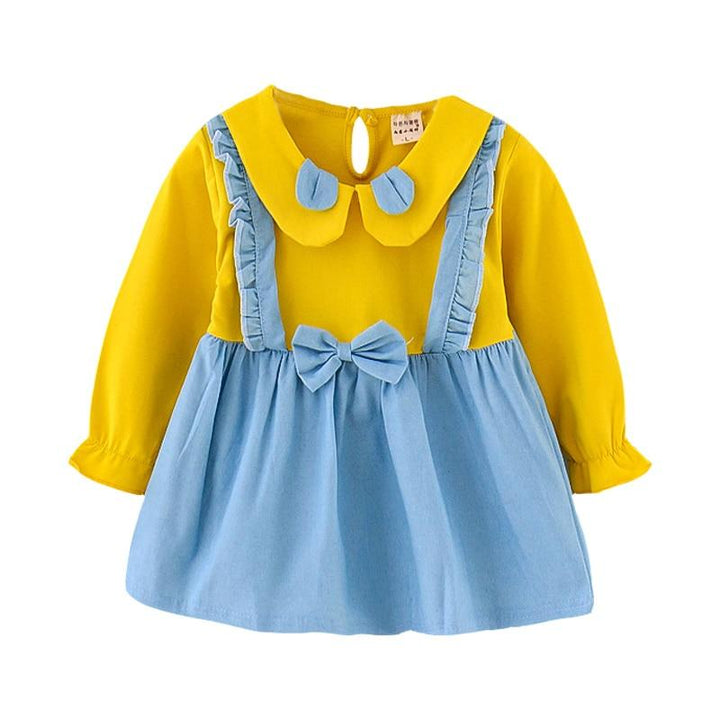 Baby Girl Outfit Bowknot Stitching Suspenders Sweet Dress 2 Pcs 1-4Y - MomyMall Yellow / 6-12 Months