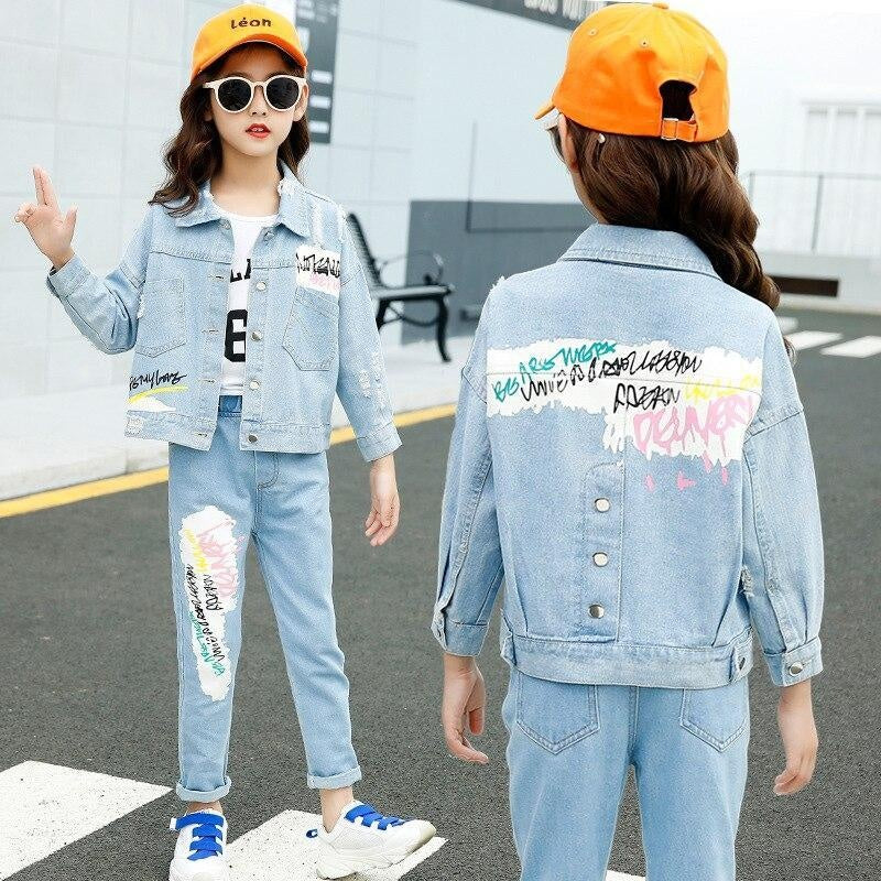 Children Girls Spring and Autumn Fashion Demin Jeans 2 Pcs Set 4-14 Years - MomyMall Jeans Style 2 / 3-4 Years