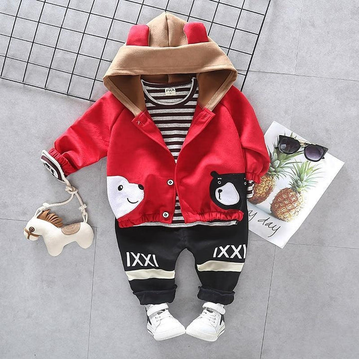 Girls Boys Spring Autumn Suit Bear Casual 3Pcs Sets - MomyMall Red 3 Pcs / 9-12 Months