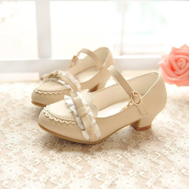 Girls Sandals Fashion Lace Butterfly Knot Female Child High Heels Shoes - MomyMall Beige / US9.5/EU26/UK8.5Toddle