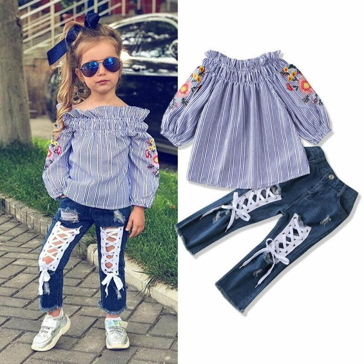 Kids Girls Off Shoulder Embroidered Tops+ Holes Denim Bottoms 2 Pcs 3-8Y - MomyMall Blue / 3-4 Years