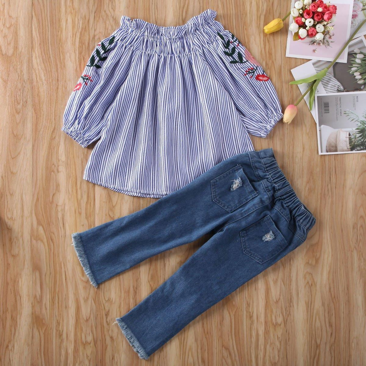 Kids Girls Off Shoulder Embroidered Tops+ Holes Denim Bottoms 2 Pcs 3-8Y - MomyMall