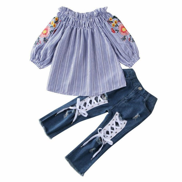 Kids Girls Off Shoulder Embroidered Tops+ Holes Denim Bottoms 2 Pcs 3-8Y - MomyMall