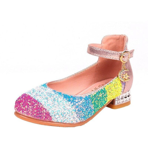 Girls Princess with Low Heel Sequin Mixed Rainbow Color Dance Party Shoes