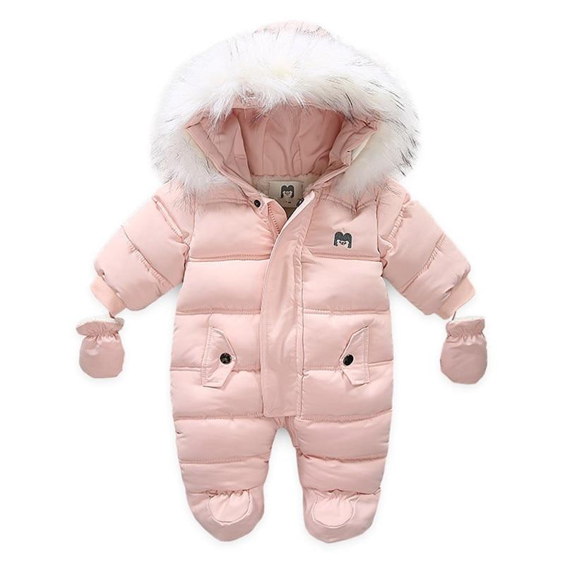 Kids Baby Winter Jumpsuit Fur Hood Snowsuit Ovealls Thick Rompers with Gloves - MomyMall Pink / 0-6 Months