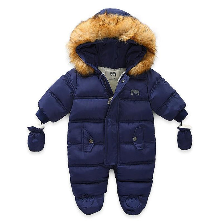 Kids Baby Winter Jumpsuit Fur Hood Snowsuit Ovealls Thick Rompers with Gloves - MomyMall Blue / 0-6 Months