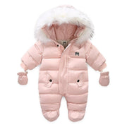 Kids Baby Winter Jumpsuit Fur Hood Snowsuit Ovealls Thick Rompers with Gloves - MomyMall Pink / 0-6 Months