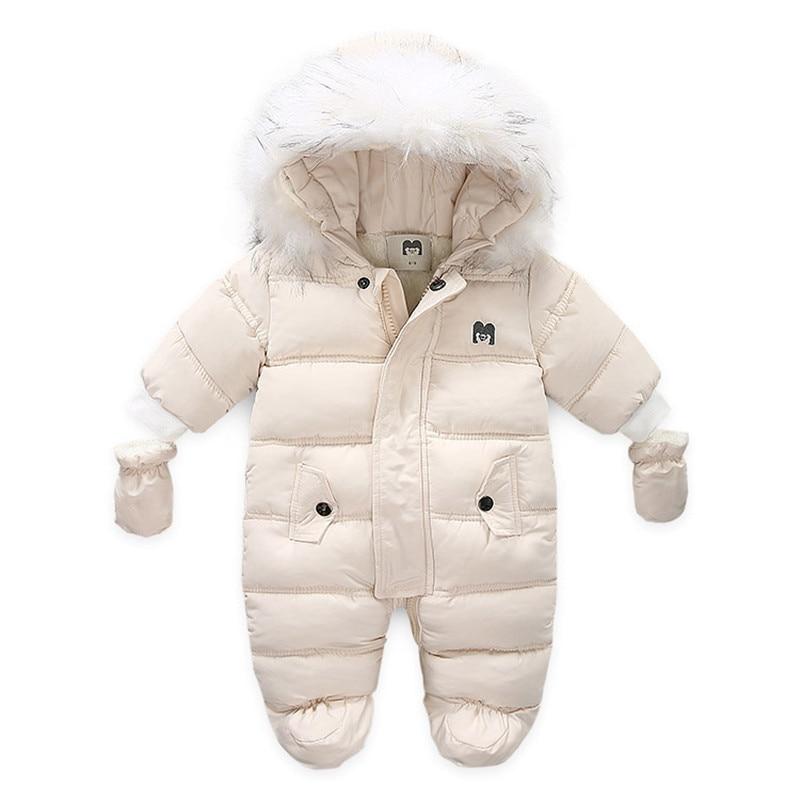 Kids Baby Winter Jumpsuit Fur Hood Snowsuit Ovealls Thick Rompers with Gloves - MomyMall Beige / 0-6 Months