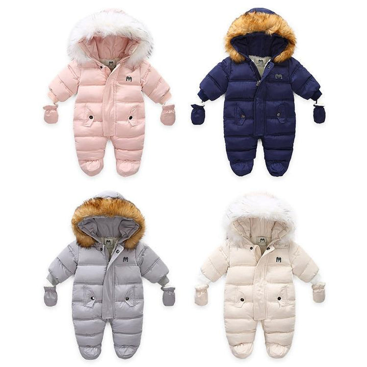 Kids Baby Winter Jumpsuit Fur Hood Snowsuit Ovealls Thick Rompers with Gloves - MomyMall