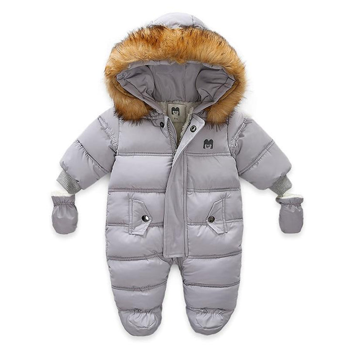 Kids Baby Winter Jumpsuit Fur Hood Snowsuit Ovealls Thick Rompers with Gloves - MomyMall Gray / 0-6 Months
