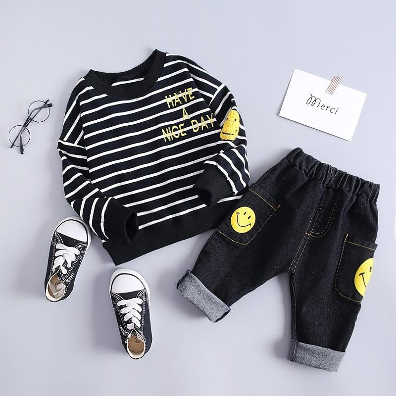 Kids Girls Boys Clothing Spring Autumn Striped Suit 2 Pcs Set - MomyMall Black 2 Pcs / 6-9 Months