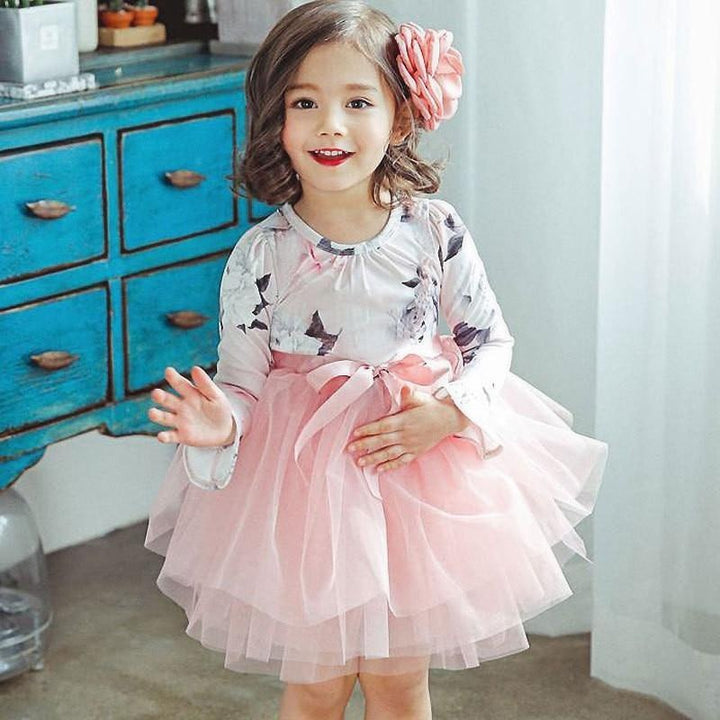 Girl Ball Gown Autumn Digital Print Flower Fluffy Princess Dresses - MomyMall Pink / 2-3 Years
