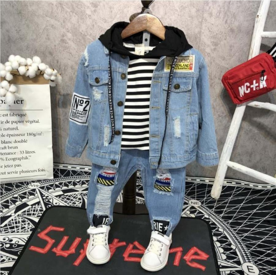 Kids Boy Girl Leisure Denim Casual Suits 3 Pcs Set - MomyMall coat T-shirt jeans3 / 1-2 Years