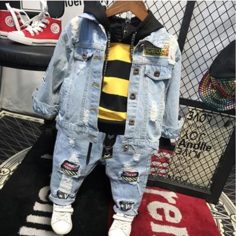 Kids Boy Girl Leisure Denim Casual Suits 3 Pcs Set - MomyMall coat T-shirt jeans1 / 1-2 Years