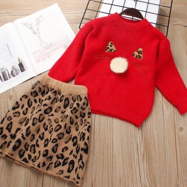 Girls Christmas Winter Dress Wools Warm Sweater + Short Dress Leopard 2-5 Years - MomyMall Red- 2 Pcs / 1-2 Years