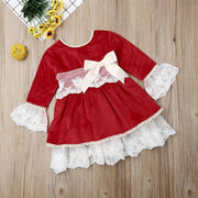 Girls Lace Ruffled Dress Autum Winter Princess Party Dress - MomyMall Red / 1-2 Years
