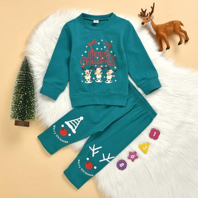 Kids Boy Girl Christmas Winter Suit Cartoon Print 2 Pcs Suit