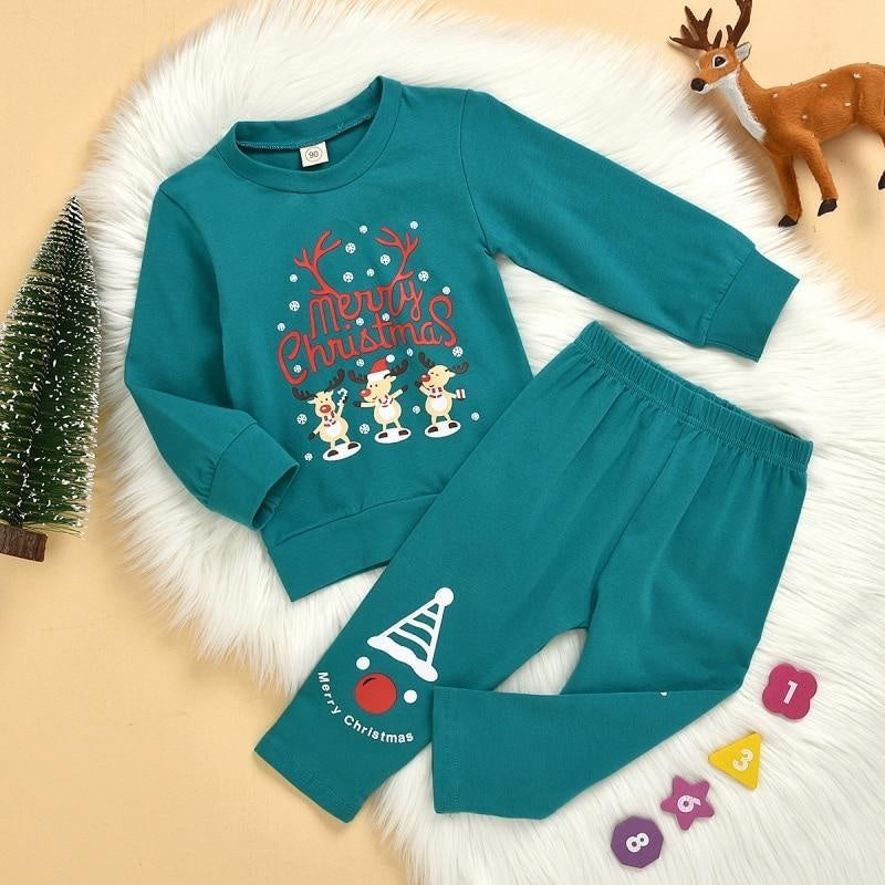 Kids Boy Girl Christmas Winter Suit Cartoon Print 2 Pcs Suit